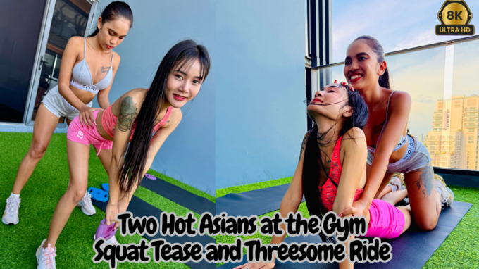 Two Hot Asians at the Gym: Squat Tease and Threesome Ride